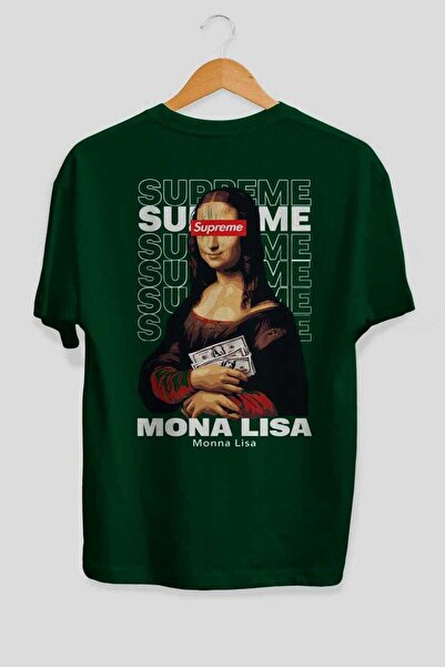 Ankhises Mona Lisa Supreme Back Printed Green Oversize T-Shirt Men Women Cott...