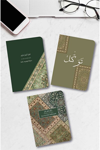 MuslimWalk Çuha – Yeşil Kilim Desenli – 3’lü Mininote Defter