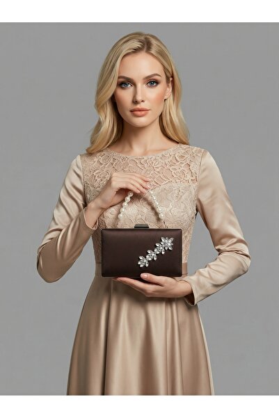 Biçanta Brown Z.A.R.A. Satin Crystal Stone Embroidered Chain Women's Evening ...