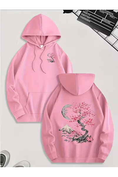 LUNAVISTA Unisex Dağ Desenli Oversize Kapüşonlu Kalın Kışlık Sweatshirt