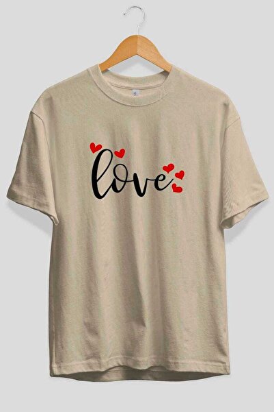 Ankhises Love (3) Μπλουζάκι με στάμπα μπροστά σε μπεζ χρώμα Oversize Ανδρικό ...