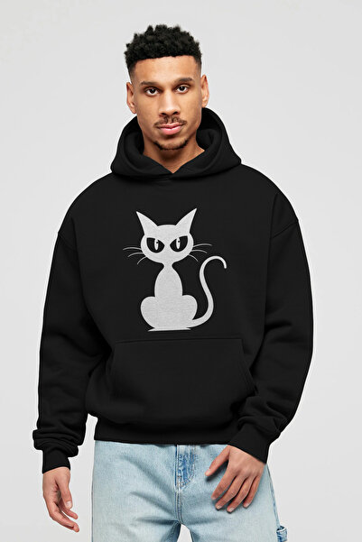 Ankhises Hanorac cu glugă supradimensionat, negru, imprimat în față, cu desig...