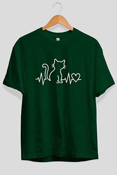 Ankhises Cat Love Front Printed Green Oversize T-Shirt Men Women Cotton Crew ...
