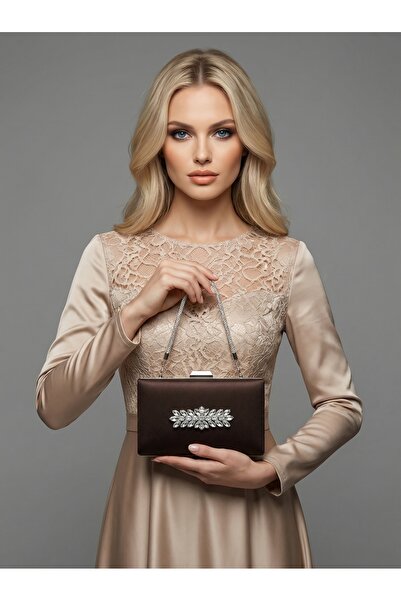 Biçanta Brown Z.A.R.A. Satin Crystal Stone Embroidered Chain Women's Evening ...