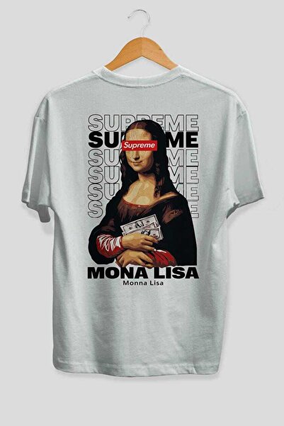 Ankhises تي شيرت مونا ليزا سوبريم أبيض كبير الحجم مطبوع من الخلف للرجال والنس...
