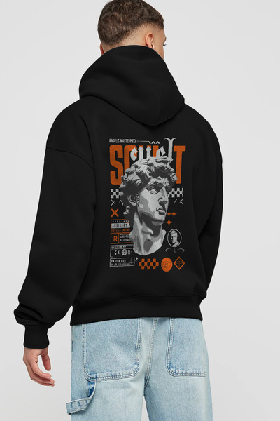Ankhises Hanorac negru oversize cu glugă și imprimeu pe spate Scult pentru bă...