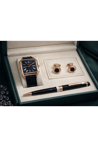 Boutique طقم ساعة رجالي فاخر باللون الاسود و ذهبي وردي