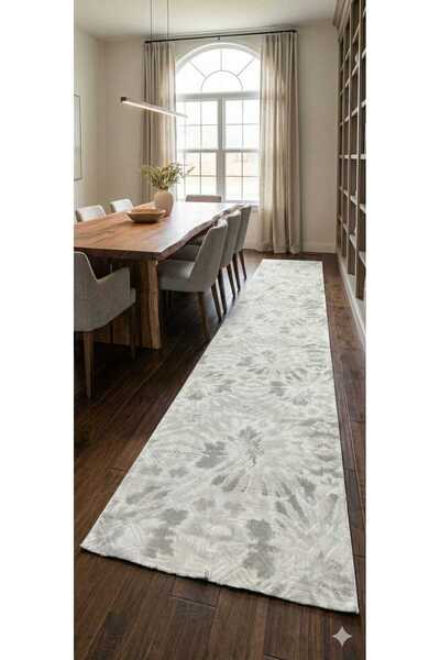 Nesrin JEL TABAN KAYMAZ MODERN GRİ BEYAZ ŞEKİLLİ KESME HALI YOLLUK