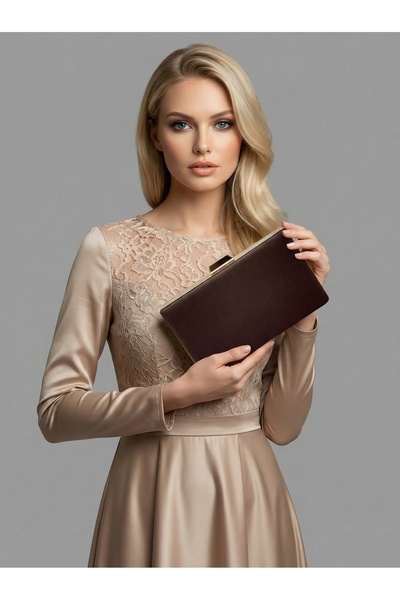 Biçanta Brown Z.A.R.A. Satin Crystal Stone Embroidered Chain Women's Evening ...