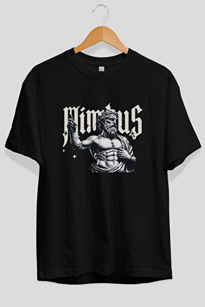 Ankhises Tricou oversize negru cu imprimeu frontal Mimbus Zeus, pentru bărbaț...