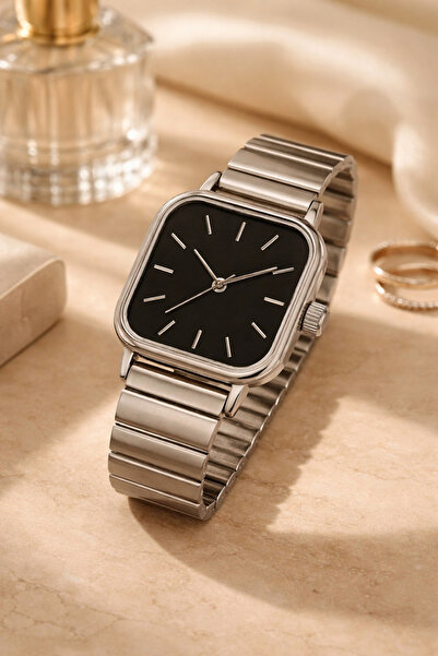 matheon Black Dial Women's Wristwatch |   Silver Metal Cord |   Square Minima...