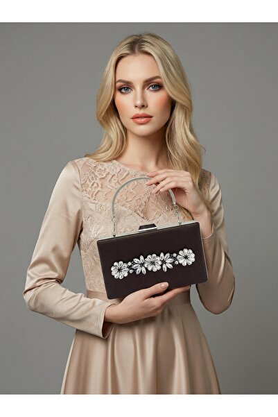 Biçanta Brown Z.A.R.A. Satin Crystal Stone Embroidered Chain Women's Evening ...