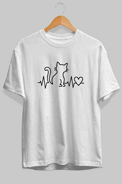 Ankhises Μπλουζάκι Cat Love με στάμπα μπροστά, λευκό, oversized, ανδρικό και ...