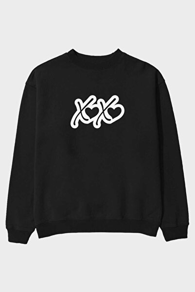 Ankhises سويت شيرت أسود كبير الحجم مطبوع عليه قلب من xoxo للرجال والنساء للجنسين