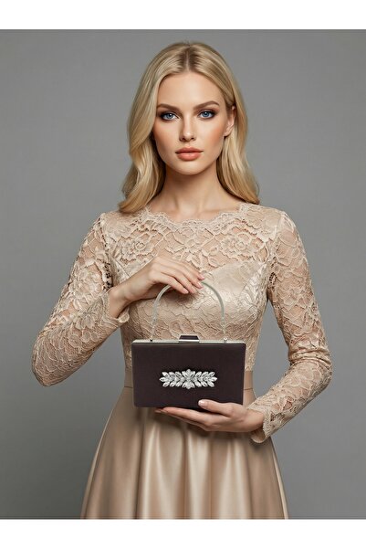 Biçanta Brown Z.A.R.A. Satin Crystal Stone Embroidered Chain Women's Evening ...