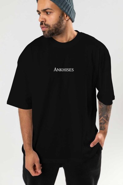Ankhises Black Oversize T-Shirt with Front Printed Text Men's Women's Cotton Crew Neck T-Shirt