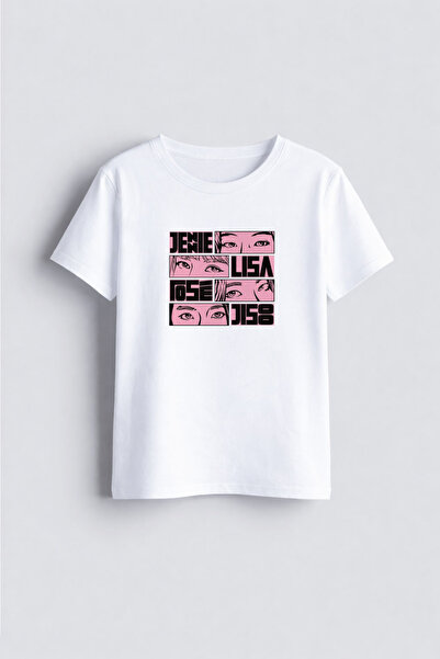 AYDESİGN تي شيرت أبيض مطبوع عليه فرقة بلاك بينك الموسيقية برقبة دائرية للأطفا...