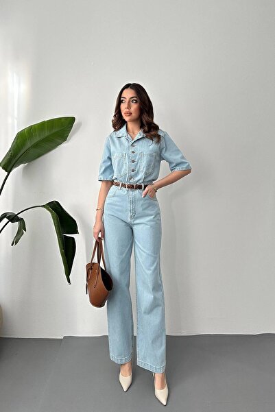 LOKADI Kadın Açık Mavi Kısa Kollu Denim Tulum