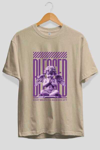 Ankhises Blessed Front Printed Beige Oversize T-Shirt Men Women Cotton Crew N...