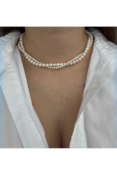 Ravinity İki Sıra Sarmal İnci Tasma Kolye, İncili Choker Kolye