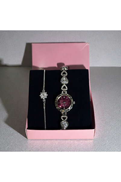 LANURE CO. Bordo Kadranlı Kalp & Parmak İzi Detaylı Gümüş Kordonlu Kadın Saat...