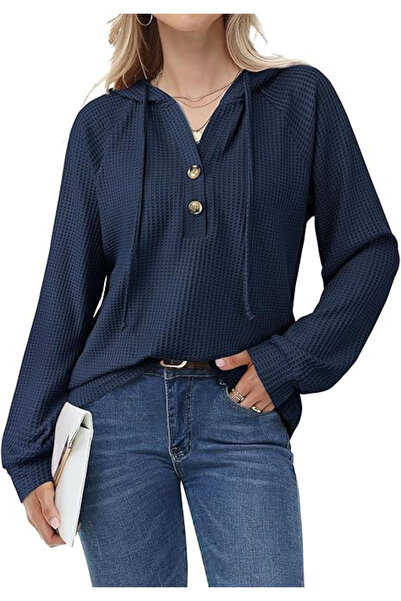 Bodhi Blue textured loose blouse, long sleeves, V-neck with buttons M