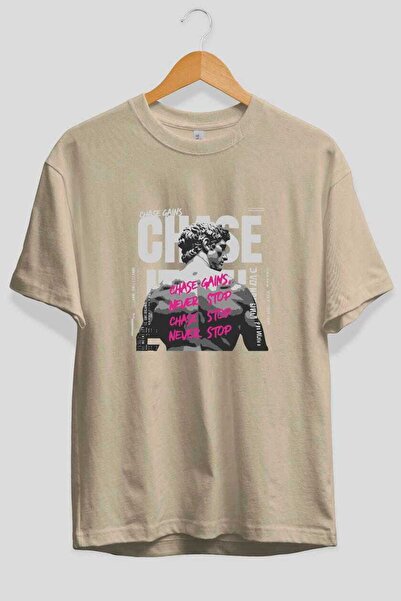 Ankhises Chase Gains передньодрукована бежева футболка Oversize для чоловіків...