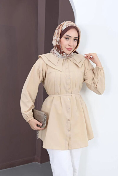 bysoca Women's Beige Retro Wide Double Collar Pleated Belted Waist Long Sleev...