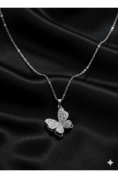 Glowzee Takı & Aksesuar Steel Butterfly Necklace with Silver Color Zircon Sto...