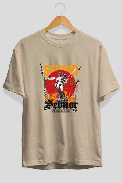 Ankhises Sevior Front Printed Beige Oversize T-Shirt Men's Women's Cotton Cre...