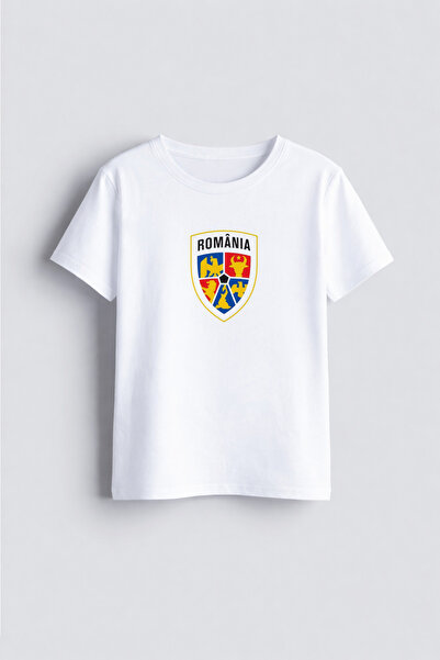 AYDESİGN تي شيرت أبيض برقبة دائرية مطبوع عليه شعار رومانيا للأطفال والكبار