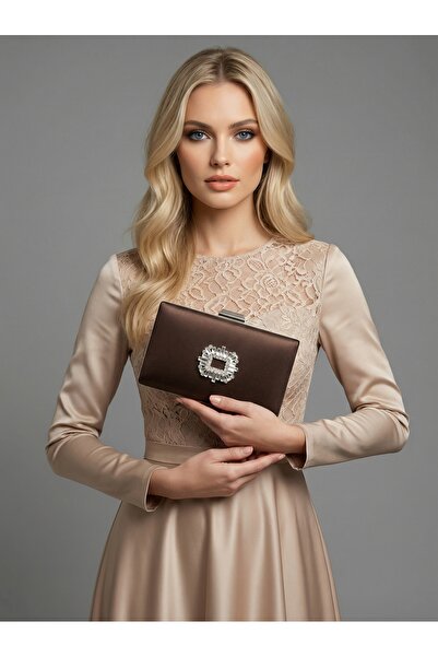 Biçanta Brown Z.A.R.A. Satin Crystal Stone Embroidered Chain Women's Evening ...