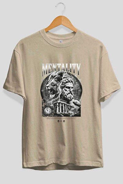 Ankhises Mentality Zeus μπλουζάκι με στάμπα μπροστά σε μπεζ χρώμα Oversize Αν...