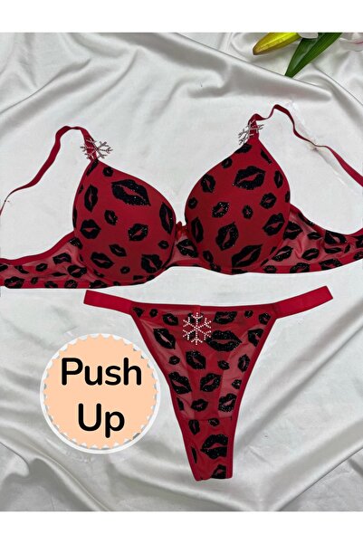 Lunary Red Lip Print Patterned Underwire Bra and Panty Set, Valentine's Day, ...