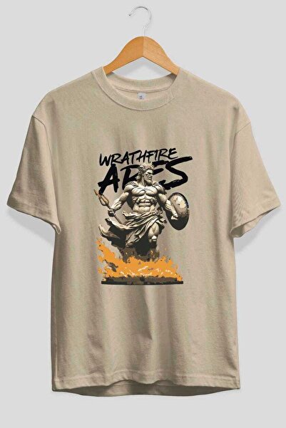 Ankhises Tricou WrathFire Ares cu imprimeu frontal, bej, supradimensionat, pe...