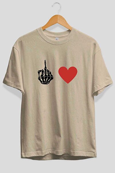 Ankhises Tricou oversize bej cu imprimeu Heart and Finger Front, pentru bărba...