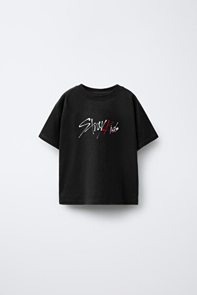 AYDESİGN Tricou negru cu imprimeu Stray Kids, cu gâtul rotund, pentru copii ș...