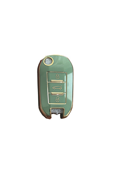 AutoHan Keys غطاء حماية لمفتاح بيجو، أخضر-ذهبي، 3 أزرار، متوافق مع 308 208 20...
