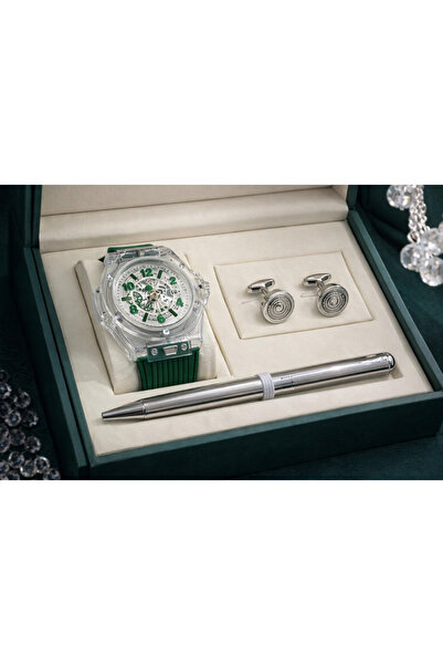 Boutique Luxury men's watch set in silver and green