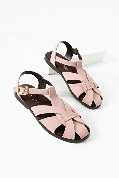 diclepolat Carla Powder Suede Buckle Detailed Flat Sole Women's Sandals