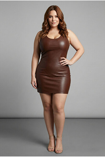 SUHIS Bitter Brown Faux Leather Trend Plus Size Tight Mini Dress