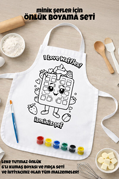 BaskılıTshirt Çocuk Şef Önlüğü Boyama Seti – Kişiye Özel İsimli, Waffle Desen...