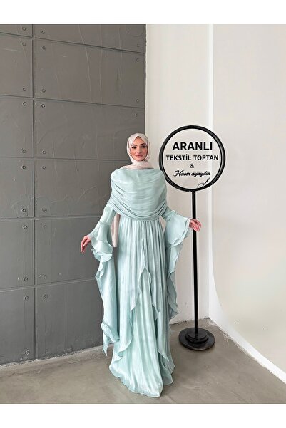 hacer ayaydın Drape Detailed Sleeves with Ruffles and Cape Hijab Evening Dres...