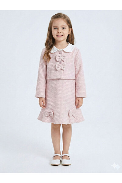 XO Kids Set rochie din tweed cu guler și fundă pudră pentru fetițe, 3 piese, ...