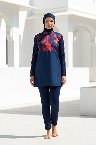 Marina Fully Covered Hijab Swimsuit Navy Blue Patterned 3-Piece Parachute Swi...