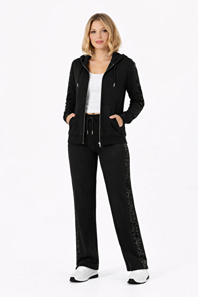lubiti Sequined Modal Track Suit Set/Model with Hooded Zipper and Sequin Stripes