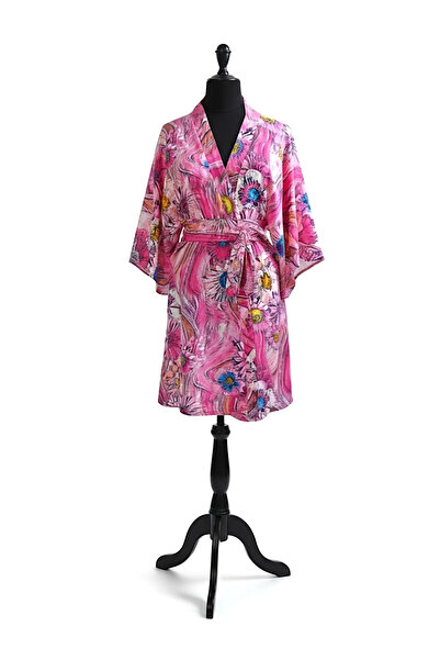 maia Pembe Çiçek Desenli Kadın Kimono