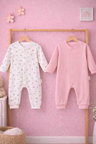 MERİWA Kız Bebek Çıtçıtlı 2'Li Tulum -Fitilli %100 Pamuk