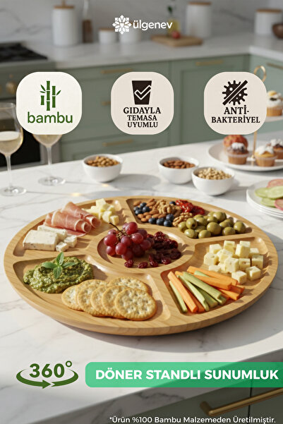 Ülgenev 100% Bamboo Presentation Plate with 360 Degree Rotation - 5-Compartme...