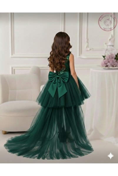 PRİNCESS Girl's Emerald Green Sequined Tulle Tail Graduation Dress, Evening Dress